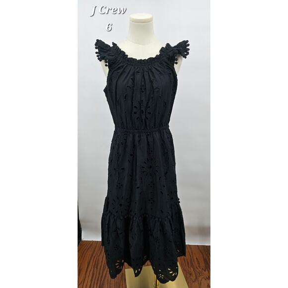 J Crew Black Eyelet Dress Midi Dress with Ruffled Sleeves - Picture 1 of 7